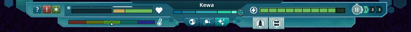 Beyond These Stars Kewa status bar with the Space Whale’s name and separate state meters.