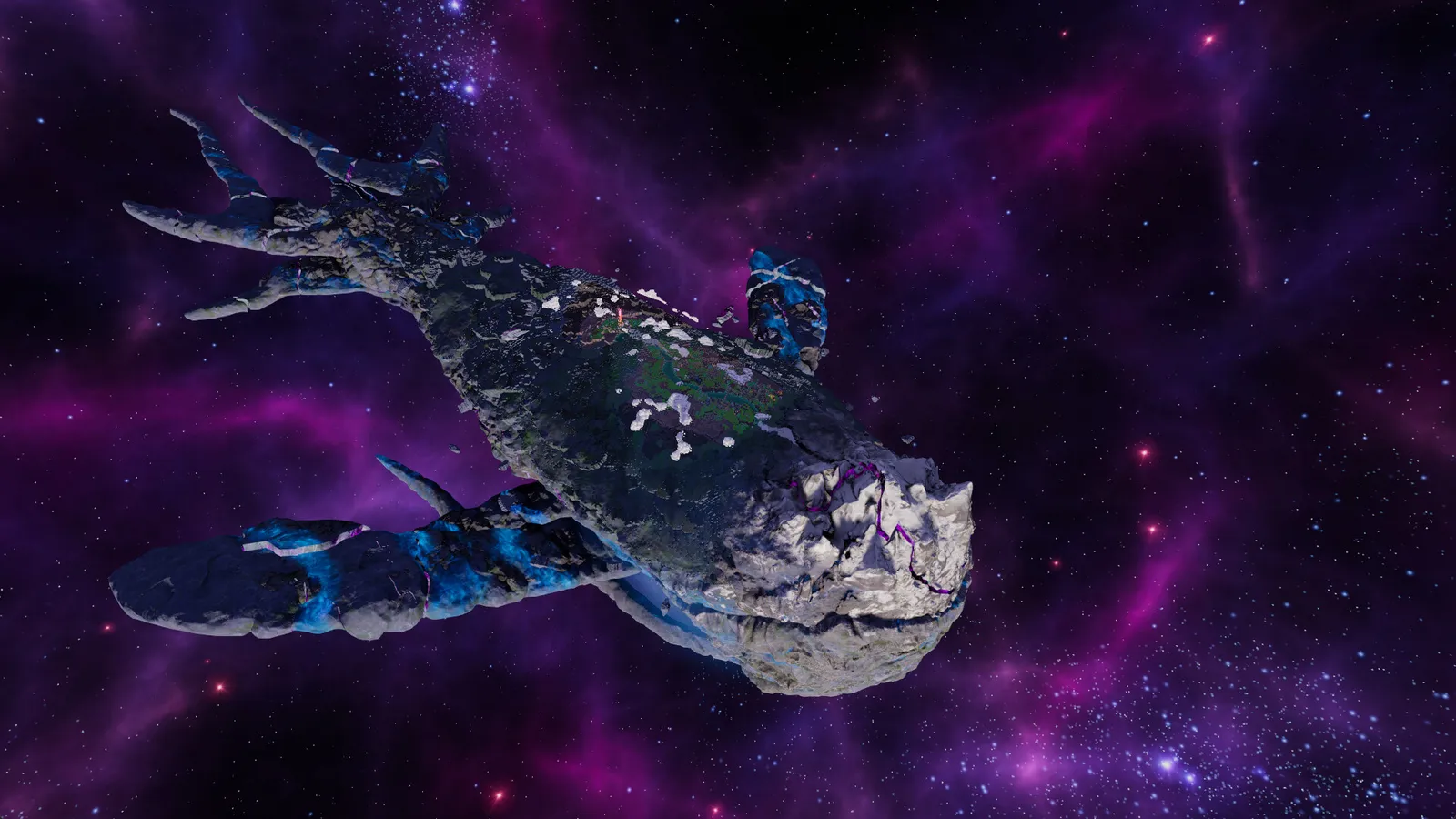 Kewa, the Space Whale carrying the settlement, travelling through space in Beyond These Stars.