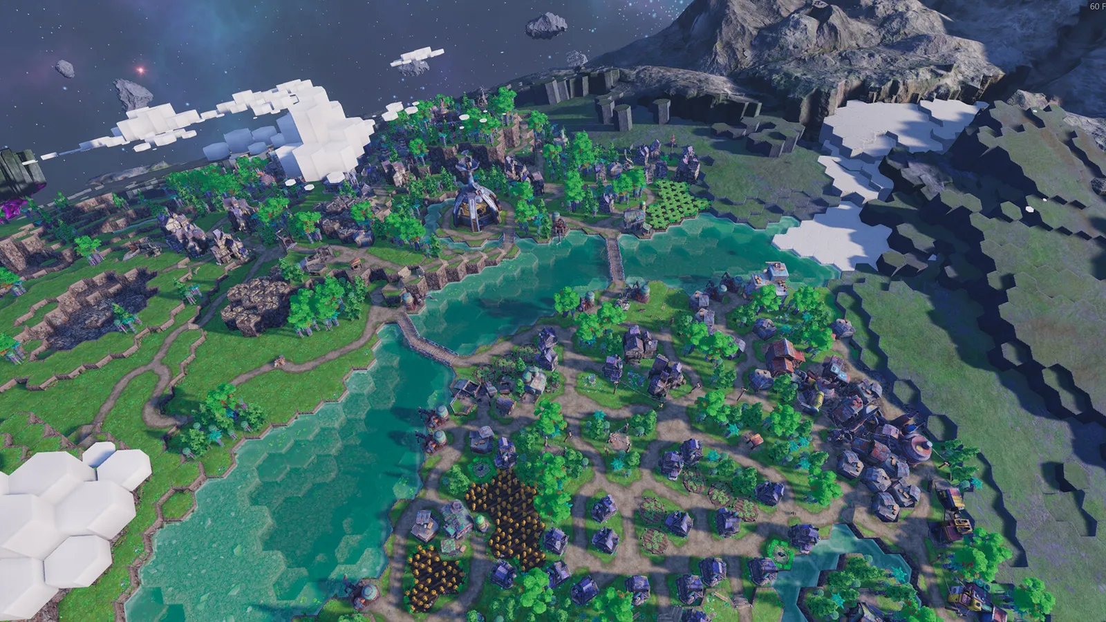 A Beyond These Stars settlement spreads across the green terrain on Kewa’s back.
