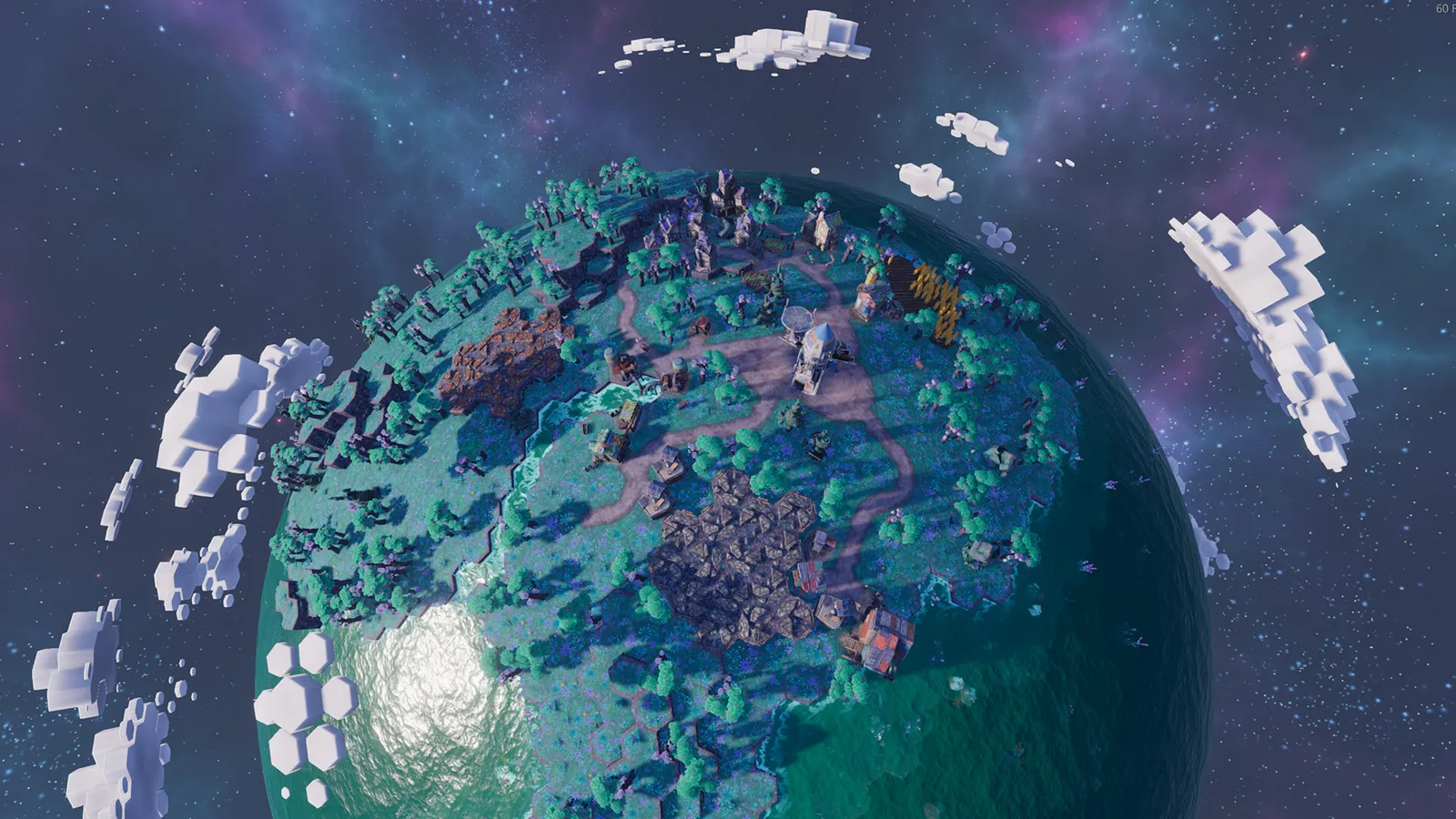 A built-up Beyond These Stars settlement with roads and production buildings on Kewa’s terrain.